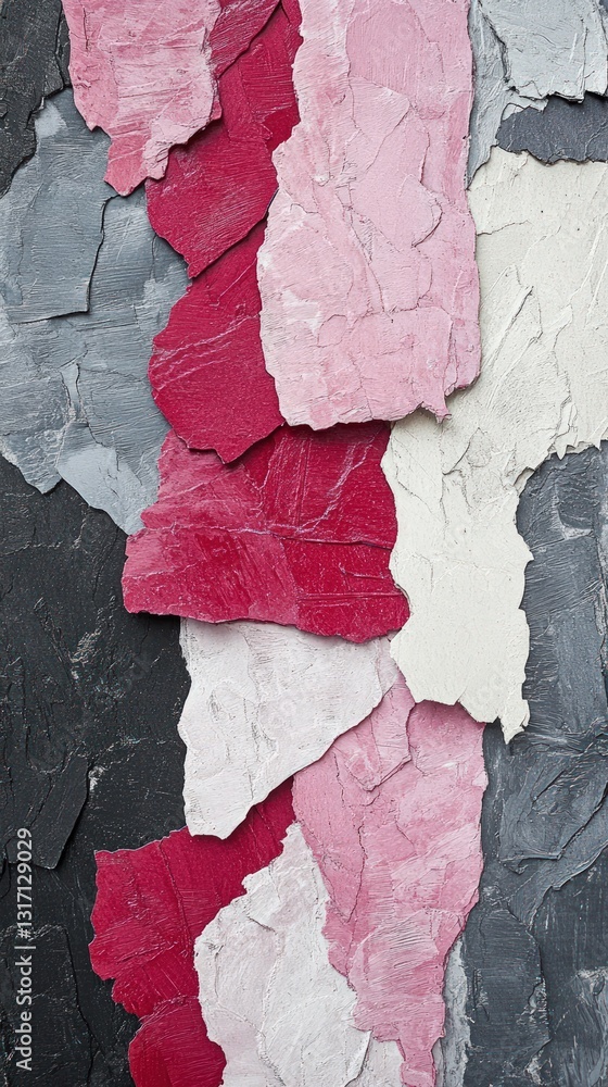 Poster vertical abstract composition of layered textured paper in shades of red pink gray and black creatin