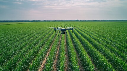 Precision agriculture with drone monitoring crop field health, aerial view