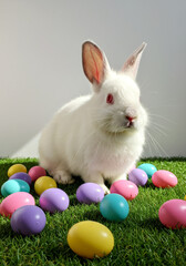 Fluffy Lop-Eared Bunny Sitting on Grass with Colorful Easter Eggs