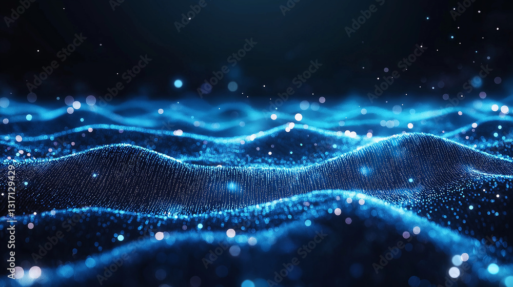 Poster digital wave: an abstract depiction of flowing digital particles forming mesmerizing waves, with a l
