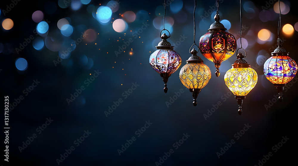 Poster illuminated mosaic lanterns with warm glow and festive bokeh background for ramadan