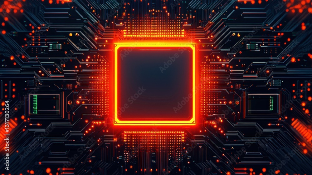 Poster abstract digital circuit background with glowing microchip design
