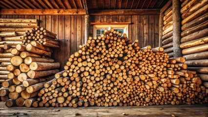 Rustic Wooden Logs Stacked High in a Timber Shed with a Single Window