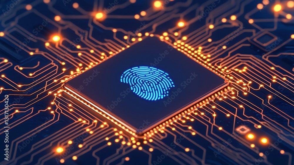 Aufkleber microchip with digital fingerprint and circuit board background