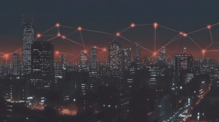 A bustling city skyline at night with red glowing network connections linking buildings, presenting the concept of interconnected urban life.