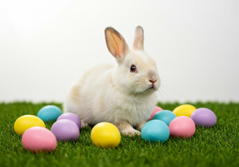 Easter Bunny in Green Grass with Colorful Decorated Eggs