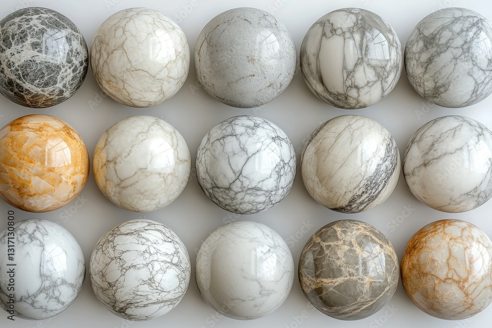 Poster twelve polished marble spheres in varying colors and patterns, arranged in a grid.