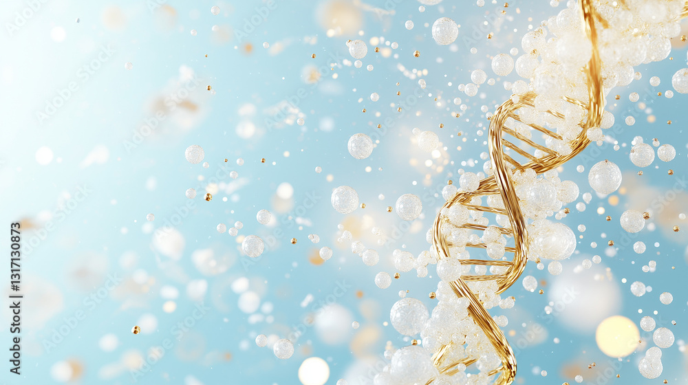 Poster dna helix: a mesmerizing photorealistic rendering of a dna helix, gleaming gold, floats against a et