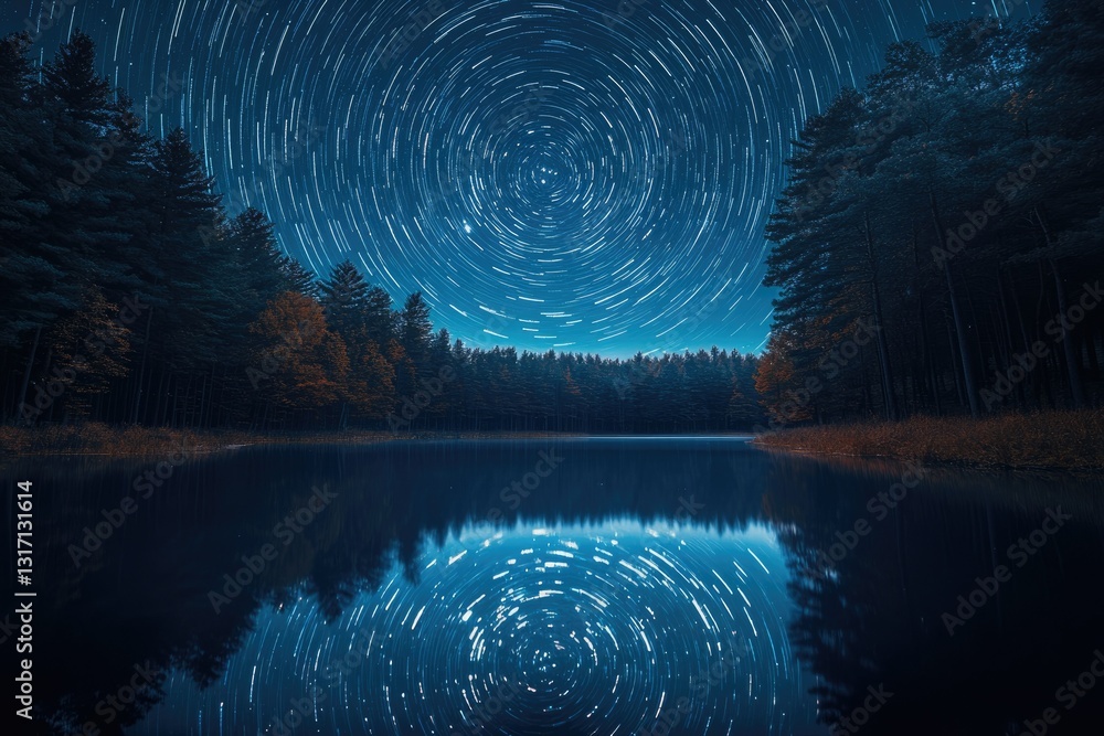 Poster star trails create mesmerizing circular patterns above a serene forest lake reflecting the celestial