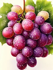 Fresh grapes with water droplets on leaves.