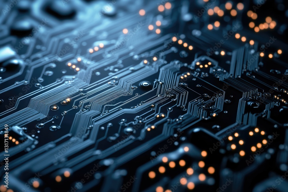 Poster close-up of intricate circuit board showcasing complex electronic pathways and connections.
