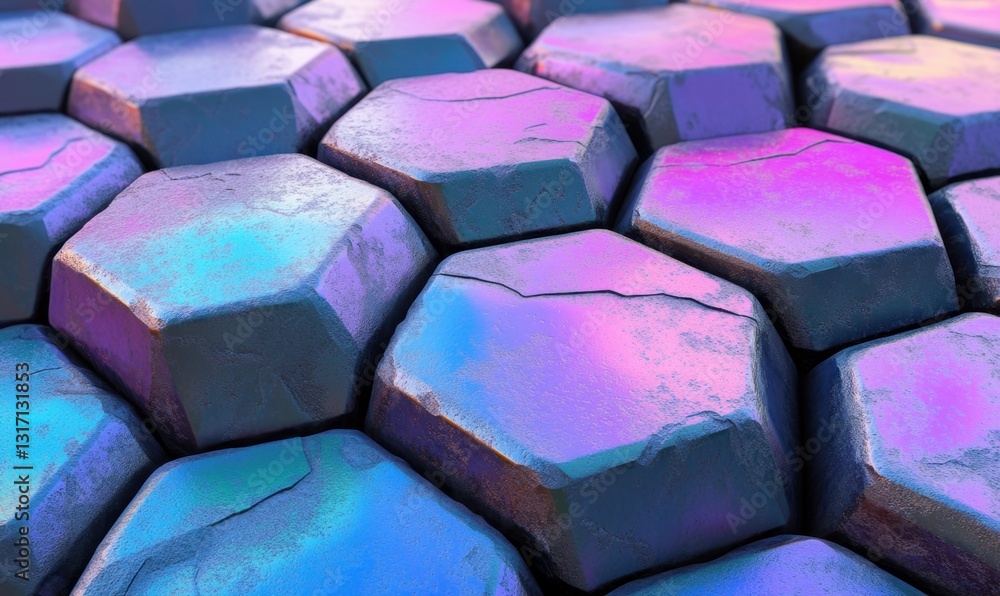 Poster iridescent hexagonal tiles background, abstract texture, design element