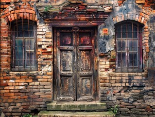 Fototapeta premium Rustic Architecture and Urban Decay: Weathered Wood Door in Vintage Building with Overgrown Vegetation