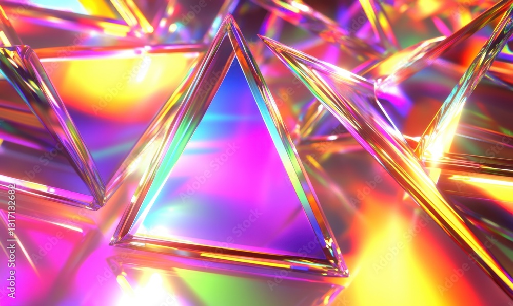 Poster iridescent triangular prisms on vibrant backdrop, abstract background