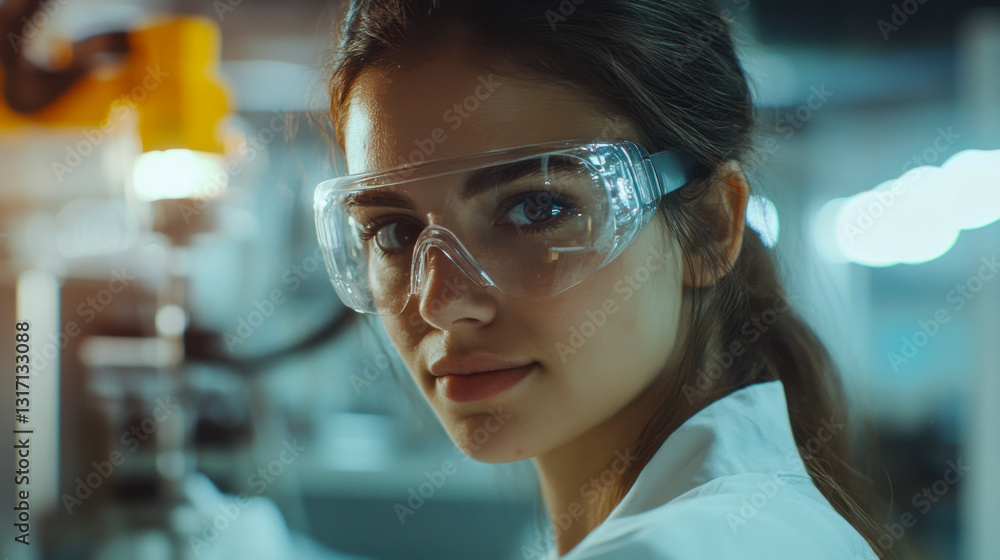 Poster young scientist working in a laboratory with safety goggles and focused expression during an experim