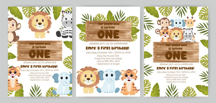 Birthday invitation card vector template. Safari birthday Party theme with animals and leaves.