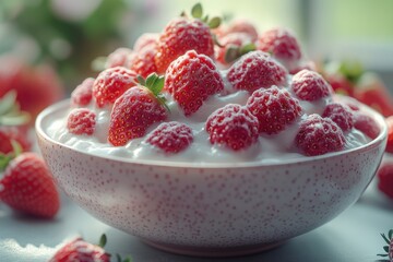 A luscious bowl of creamy dessert topped with a generous serving of fresh, vibrant raspberries, dusted with a delicate layer of powdered sugar