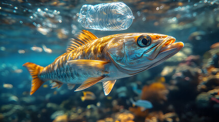 Obraz premium Fish Swimming Near Plastic Bottle Shows Ocean Pollution and Environmental Concerns