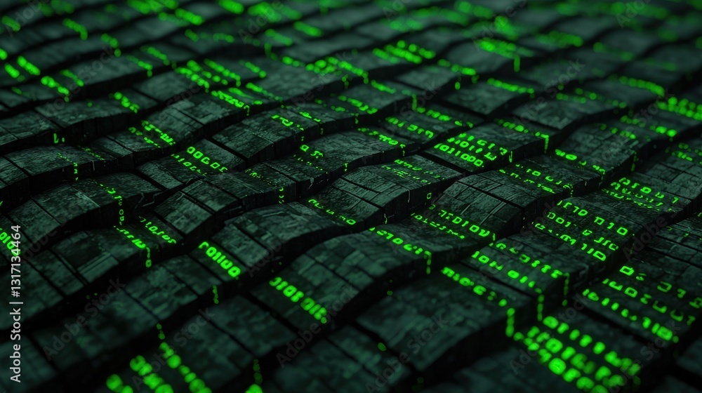 Aufkleber intricate digital matrix with glowing green code on textured surface