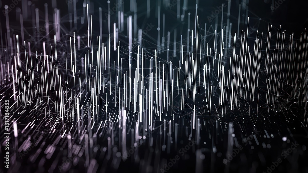 Poster abstract digital network visualization with purple and white lines on dark background