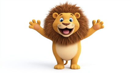 Cheerful Cartoon Lion Welcoming with Paws Up Against White Background
