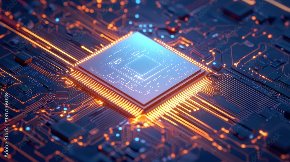 Aufkleber glowing microprocessor on circuit board with bright light trails