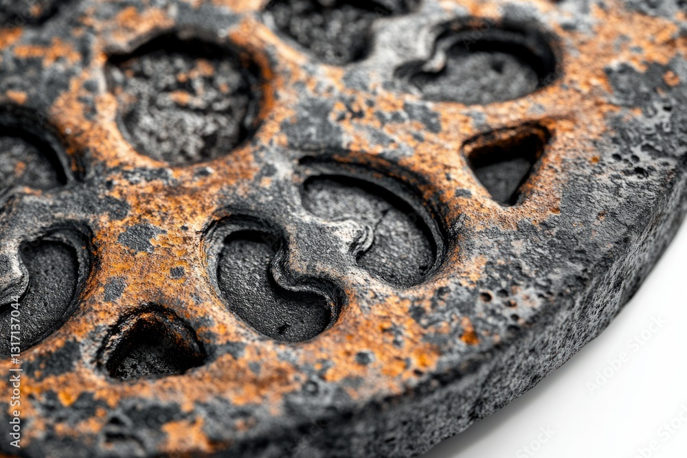 Aufkleber close-up of a rustic, dark gray and copper-toned textured circular object with intricate carved patt