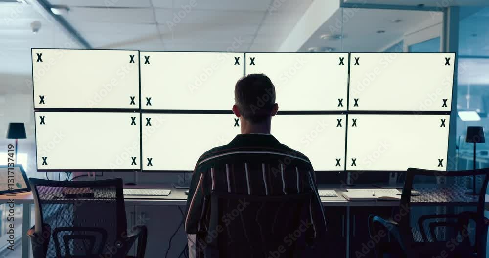 Poster Tracking markers, mockup and back of man by computer screen typing for online research with stock market. Technology, email and financial manager with blank space desktop in office for profit report.