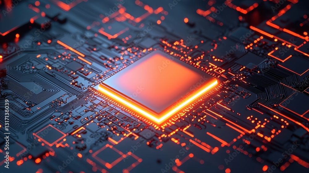 Poster close-up of microchip with glowing circuit board in dark background