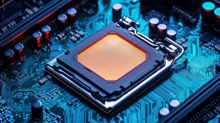 Close-Up of a Computer Processor on a Circuit Board with Blue Glow