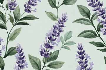 Vintage-style lavender pattern with faded green leaves, perfect for wallpaper or textiles