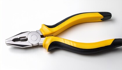 Obraz premium yellow pliers with black grip holding nothing on a white background