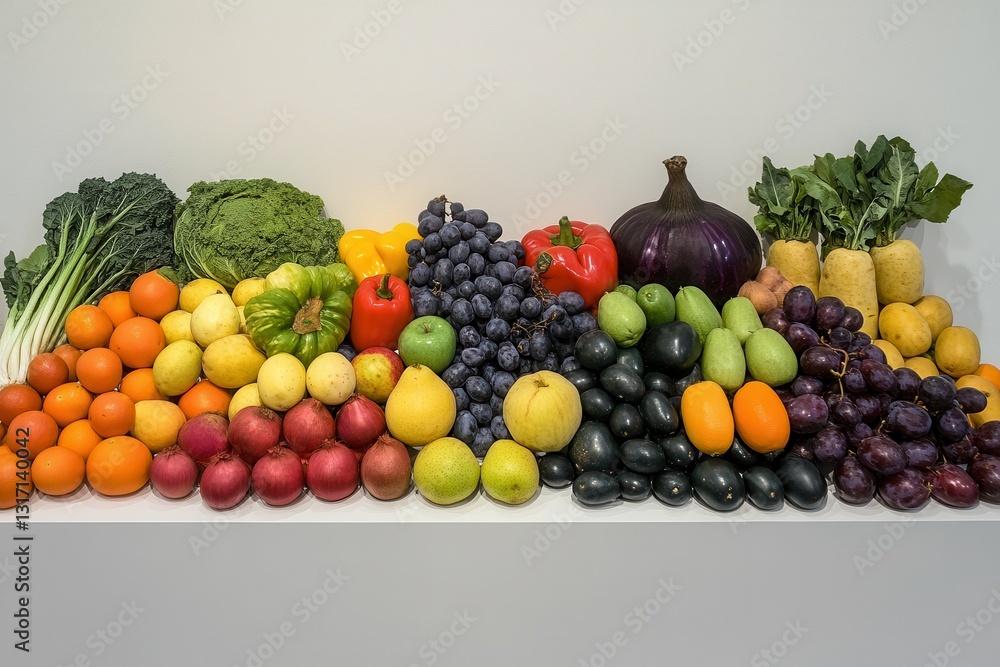Poster a vibrant display of assorted fruits and vegetables arranged neatly on a white shelf