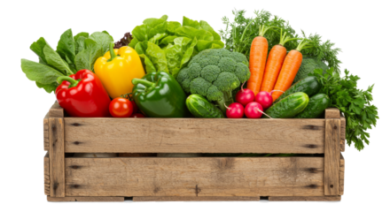 wooden box with vegtables isolated on white or transparent png background