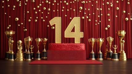 Sparkling Golden 14th Birthday Cake Surrounded by Trophies and Festive Decorations