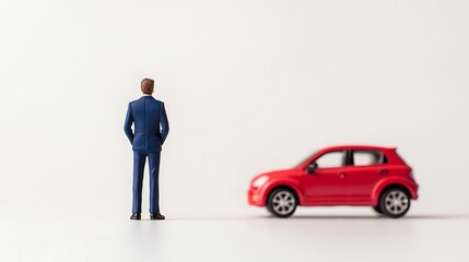 Obraz premium A miniature figure in a suit stands beside a small red car against a minimalist background, emphasizing perspective and scale.