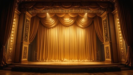 Fototapeta premium Elegant Golden Curtain Stage Set Ready for Dramatic Performance in Grand Theater