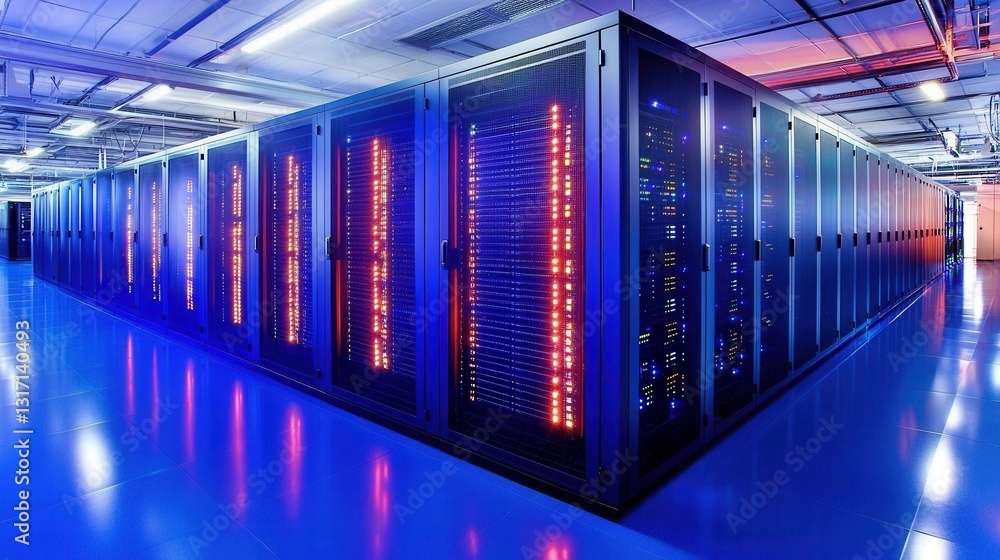 Poster modern data center with rows of servers and colorful led lights