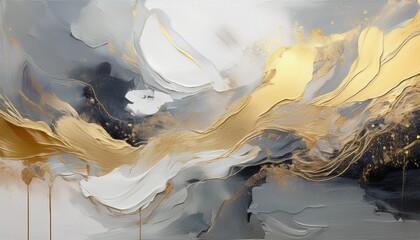 art painting in grey beige white tones with golden strokes