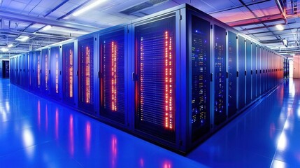 Fototapeta premium Modern Data Center with Rows of Servers and Colorful LED Lights