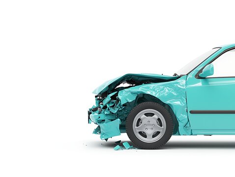 A turquoise car with a damaged front end is shown, indicating a significant collision impact.