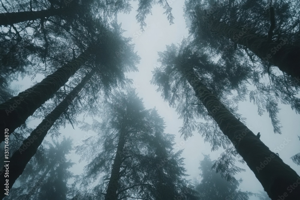 Poster looking up at tall trees in a dense forest setting dense foliage of towering trees . a black and whi