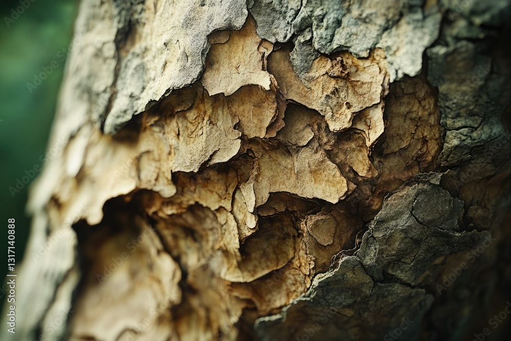 Aufkleber close-up of textured tree bark, showing intricate patterns and colors of aging wood.