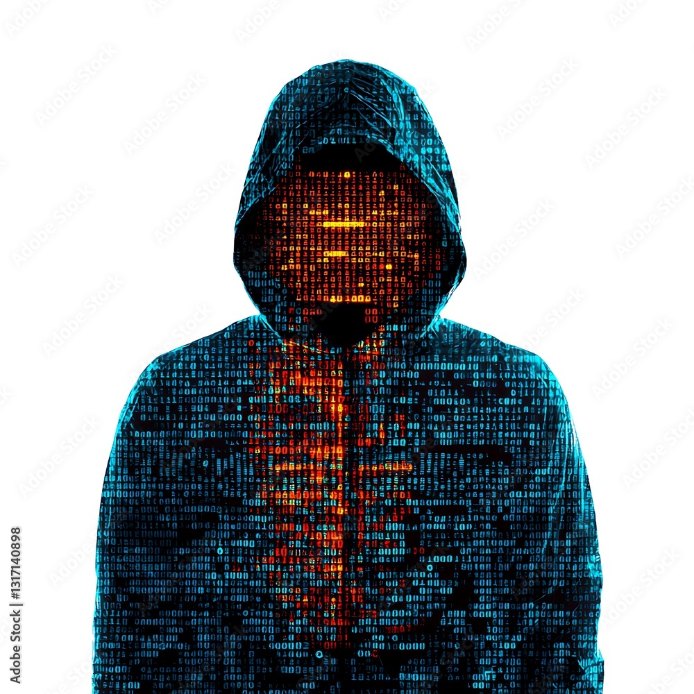 Poster a digital figure in a hooded sweatshirt with a glowing, matrix-like pattern representing data and te