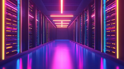 Futuristic Data Center with Neon Lights and Modern Technology Visions