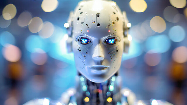 3d rendering robot artificial intelligence cyborg with colorful bokeh background