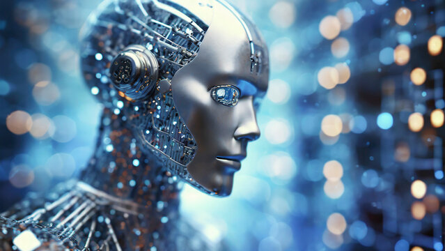 3d rendering robot artificial intelligence cyborg with colorful bokeh background