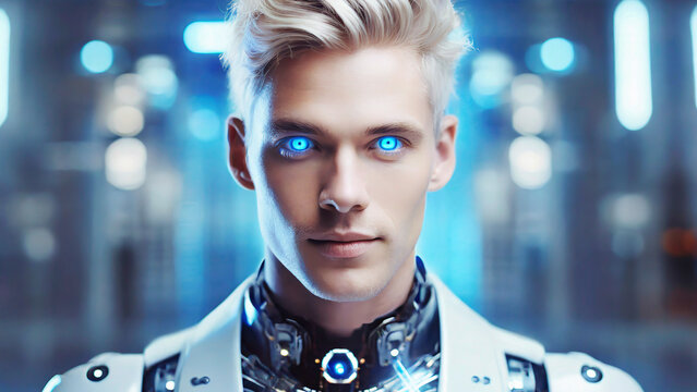 3d rendering humanoid robot with artificial intelligence in blue light bokeh background