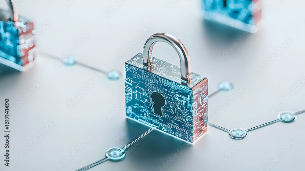Poster digital security network with connected padlocks symbolizing cybersecurity protection in a futuristi
