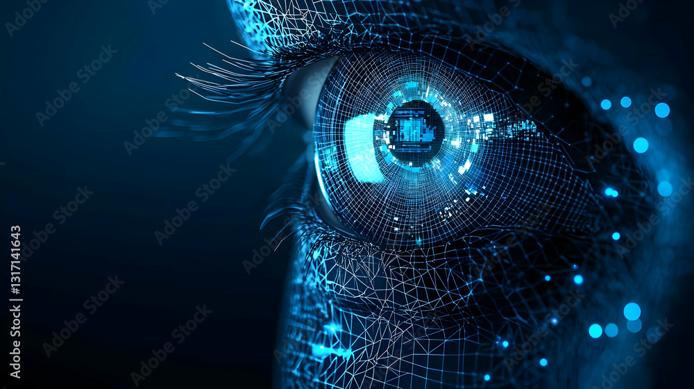 Poster abstract digital eye with blue particles and wireframe network on a dark background representing fut